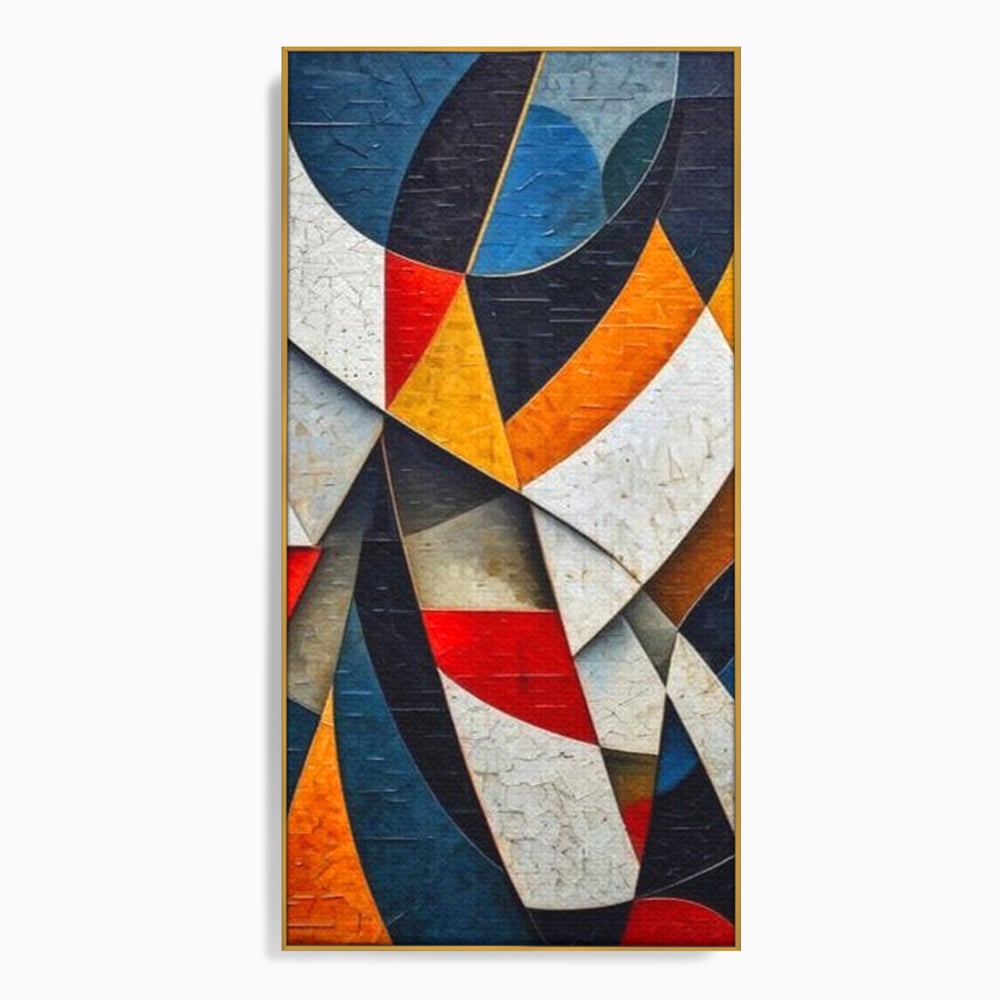 Tablou canvas cu pictura abstracta cu forme geometrice, in rama de aluminiu auriu